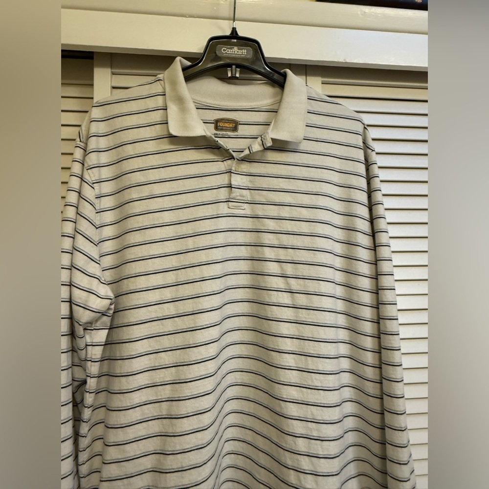 Men’s Foundry 2XLT Polo Shirt with Classic Stripes White with blue & gray strips